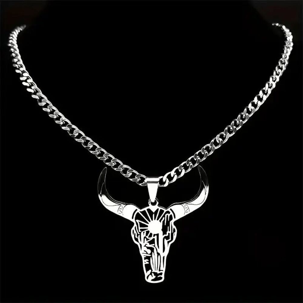 Stainless Steel Longhorn Bull Head Skull Sun Cactus Necklace